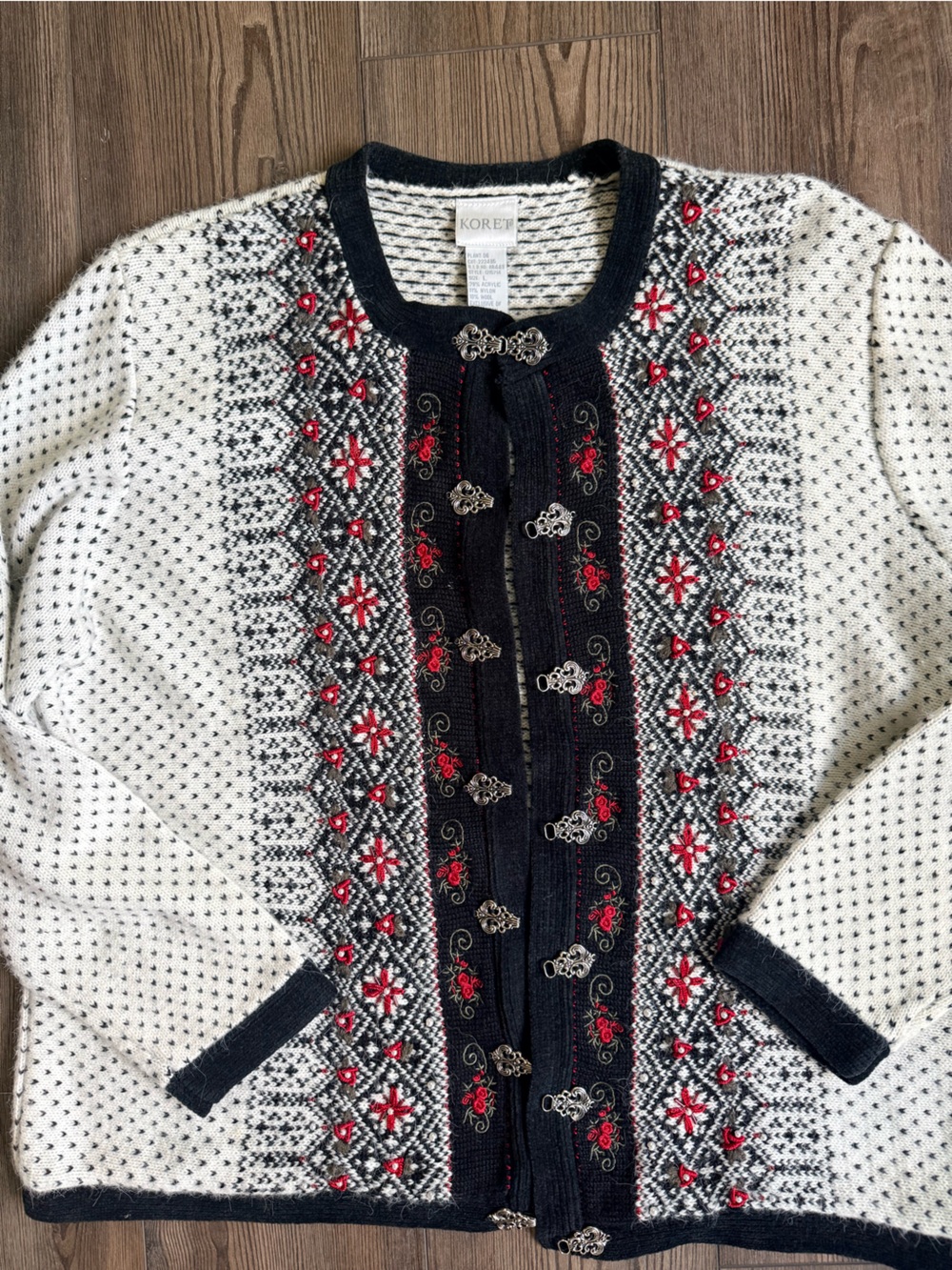 VTG Koret White Cardigan with Black Trim and Red Embroidery and unique clasps!
